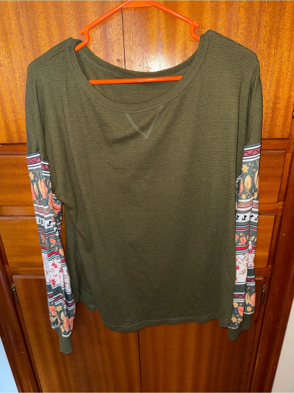 Olive Green Long Sleeve Top with Patterned Sleeves